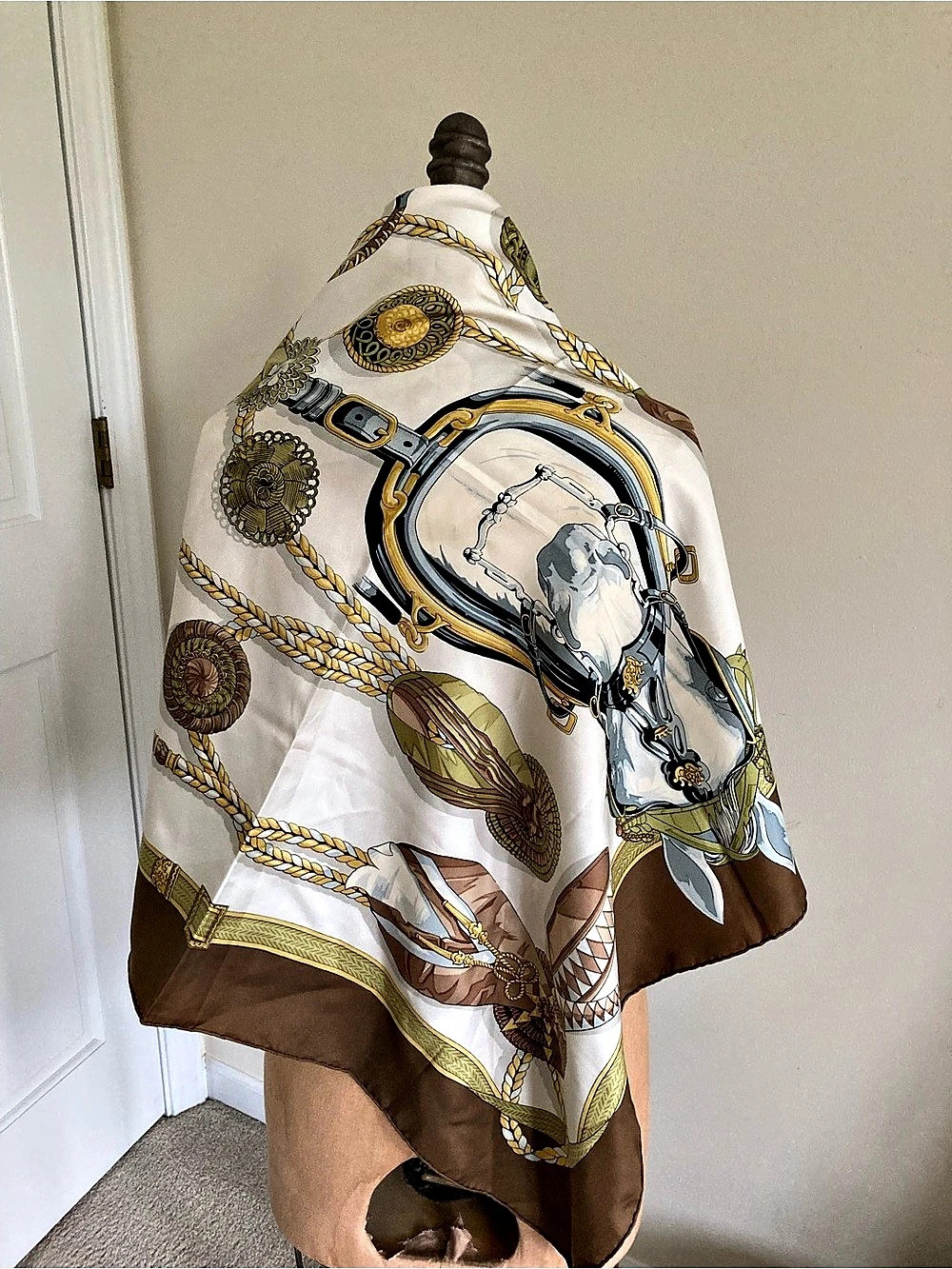 Hermès Equestrian Print Square Scarf in Brown & White